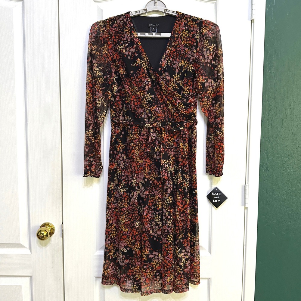 Womens Floral Mesh Faux Wrap Midi Dress Belted Long Sleeve 14 Whimsigoth Boho